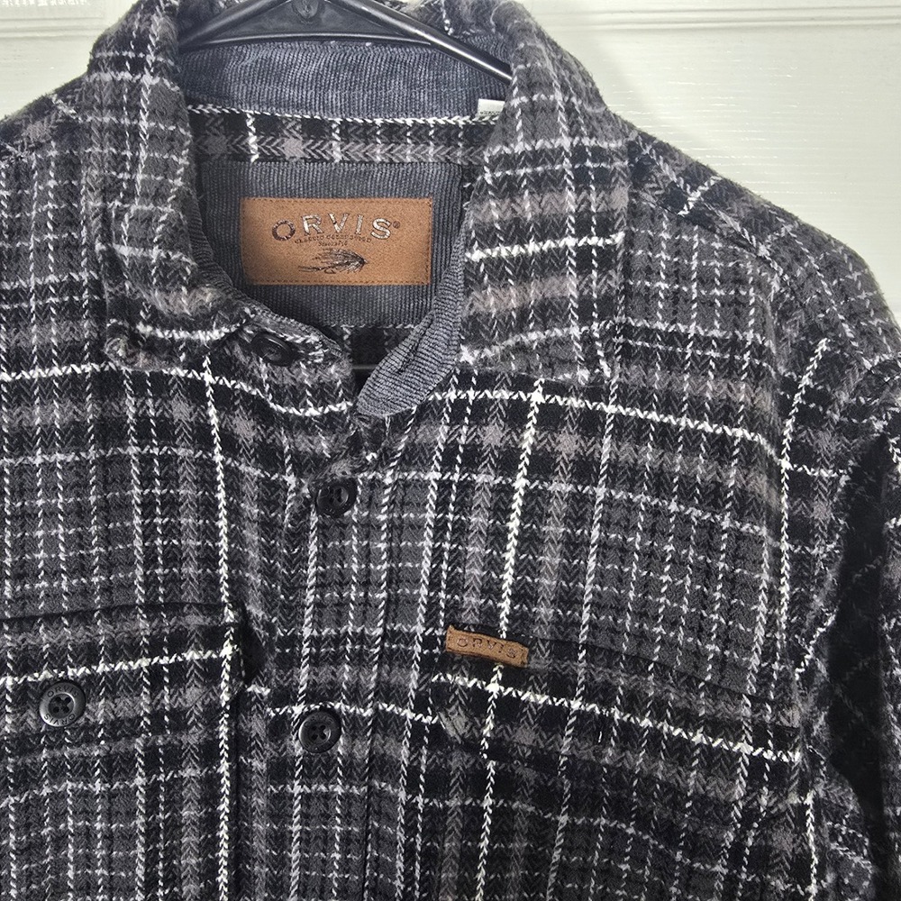 Orvis Men's Grey Black Plaid Flannel Shirt w/ Corduroy Trim 100% Cotton Small